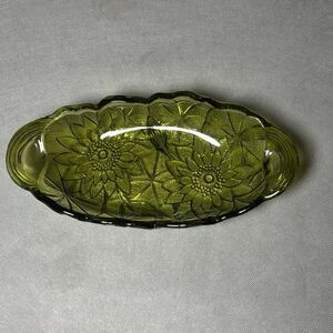 Vintage Indiana Glass Green Depression Glass Lily Pons Oval Dish, Open Handles